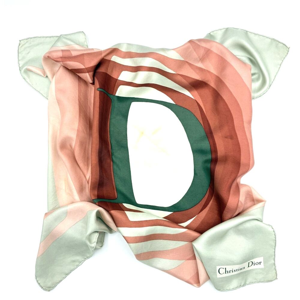 30" Vintage Christian Dior Monogram Letter Pink and Gray Silk Scarf